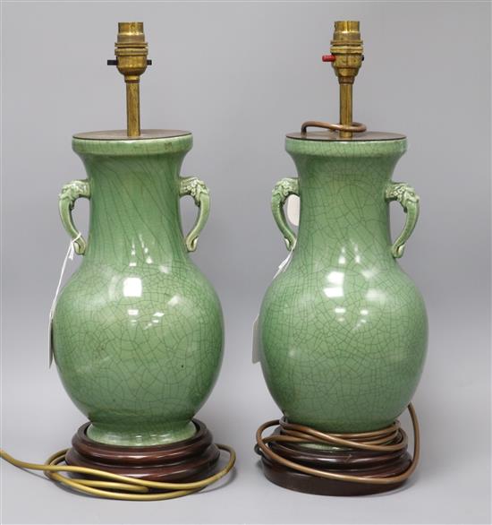 A pair of Chinese two-handled pyriform vase table lamps